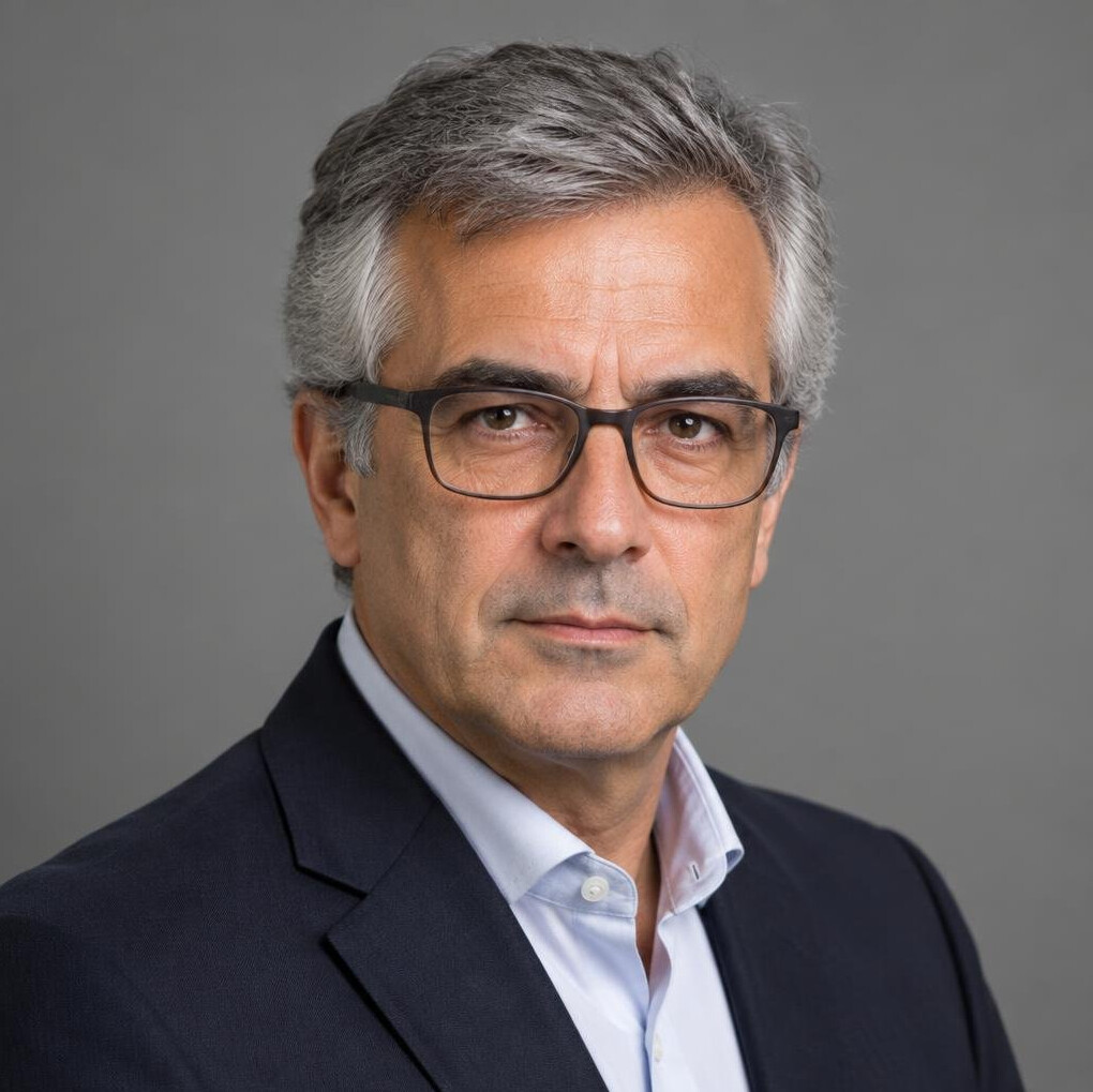 Studio portrait of an older Portuguese man with glasses