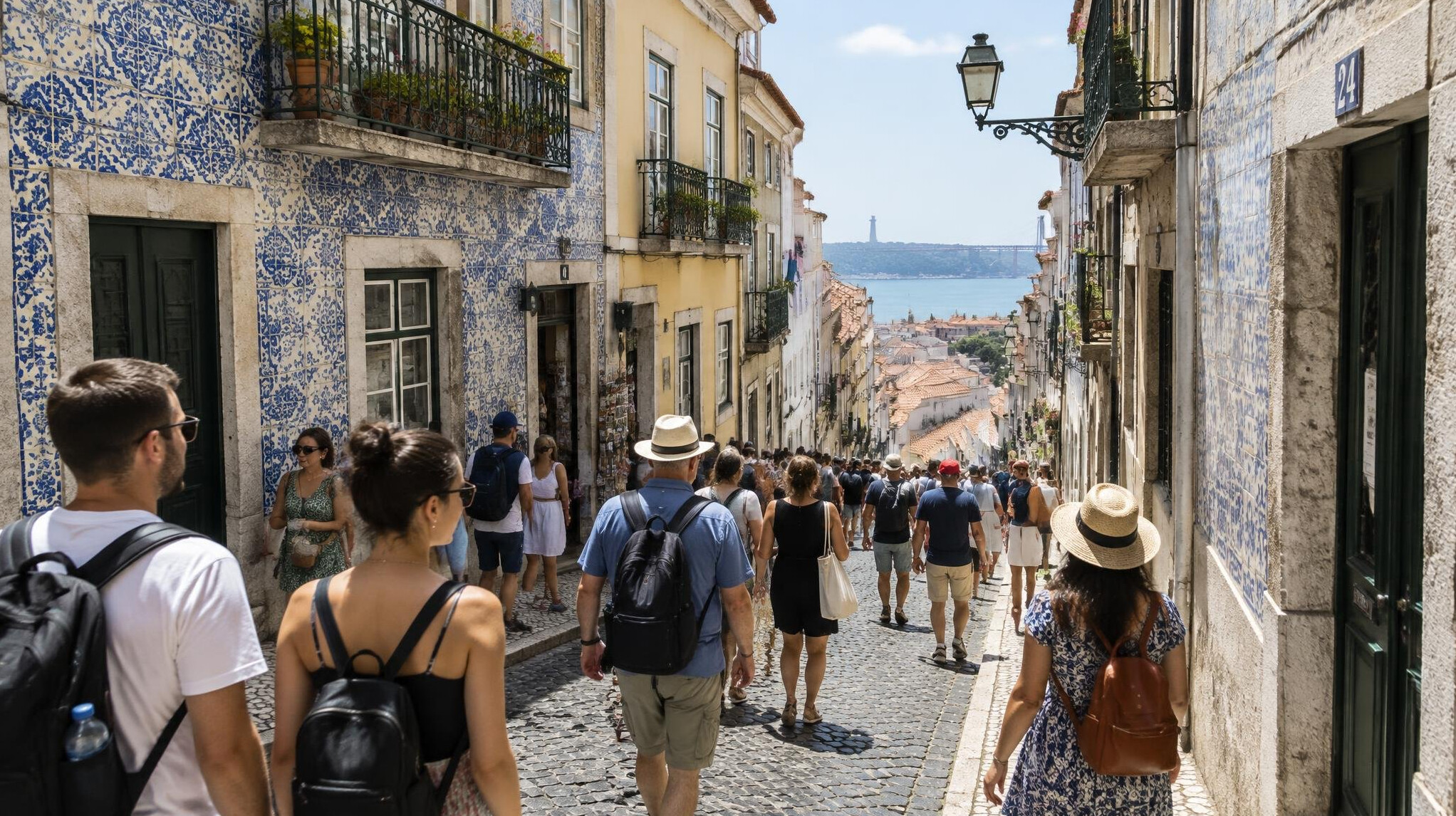 Tourists crowding a narrow historic street in Lisbon
