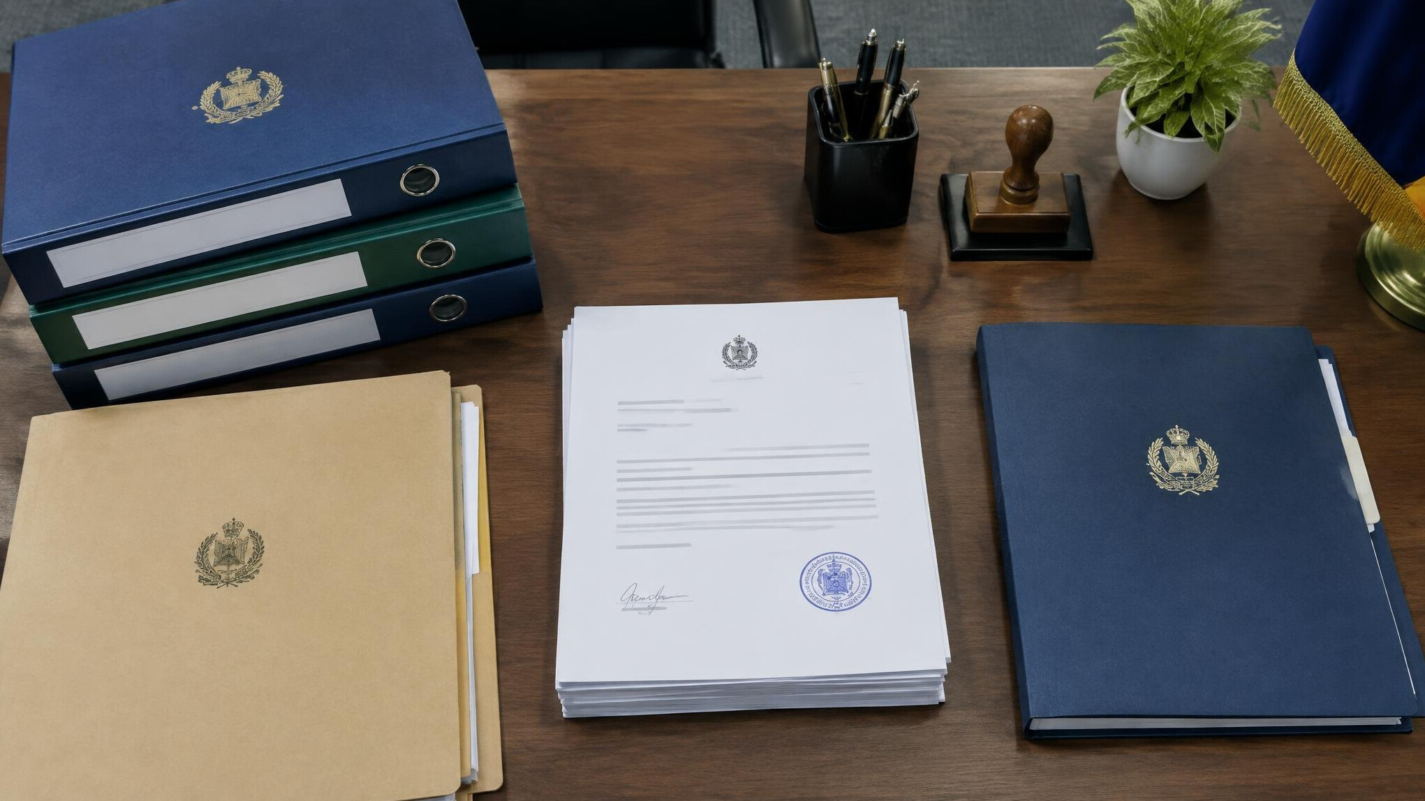 Stacks of official paperwork and folders on a government office desk