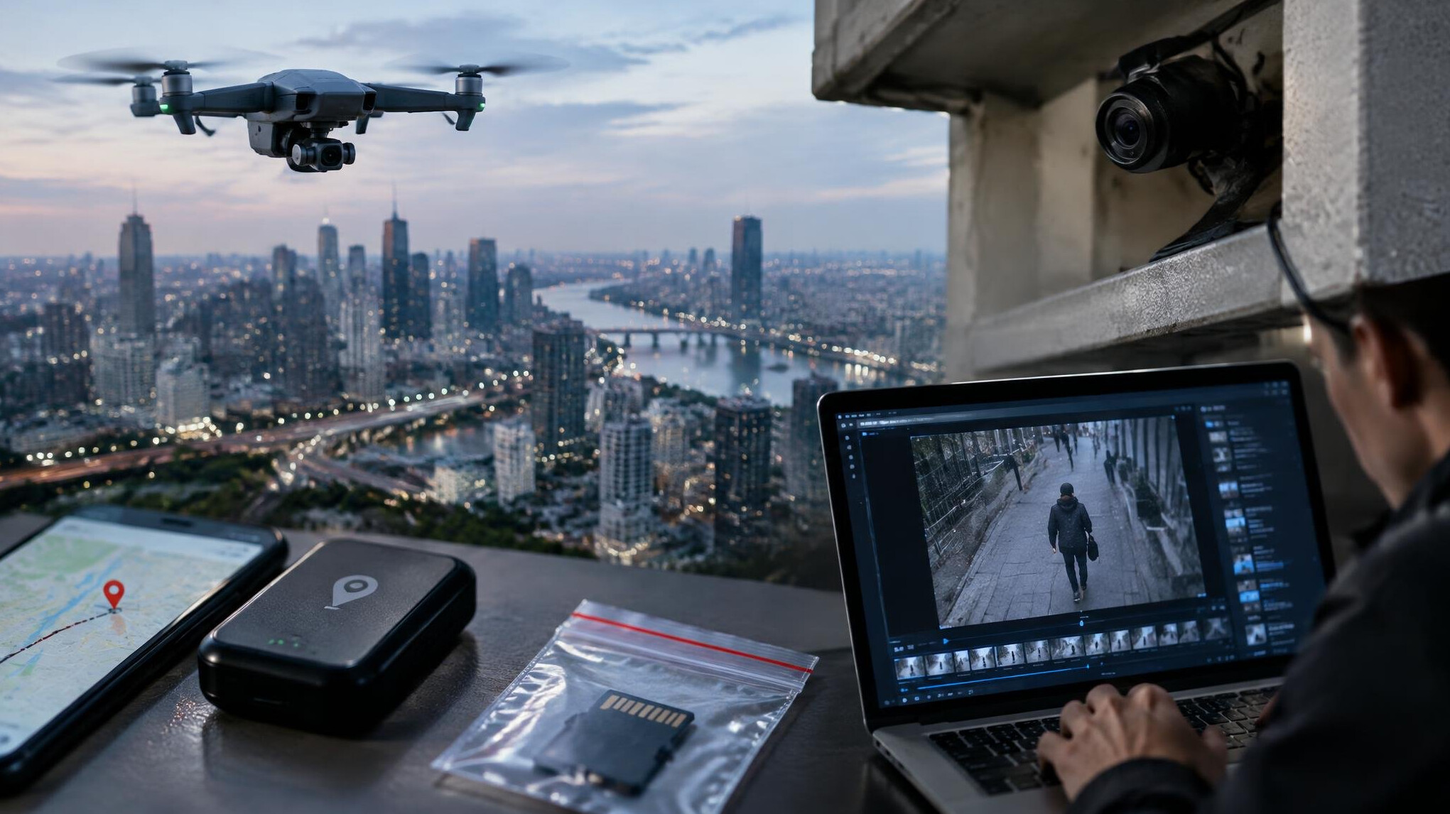 drone flying over city