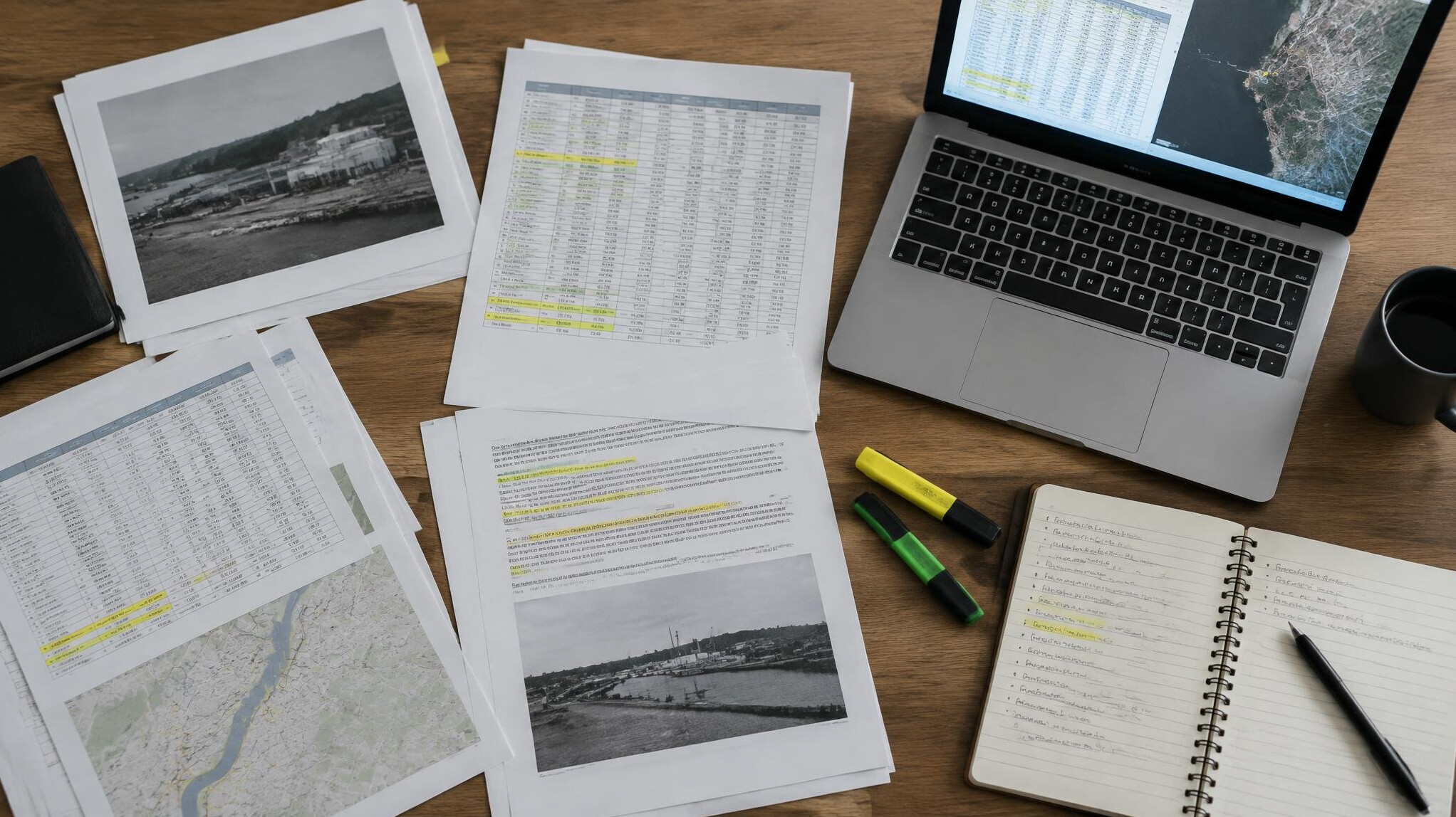 Journalist cross-referencing printed documents and a laptop