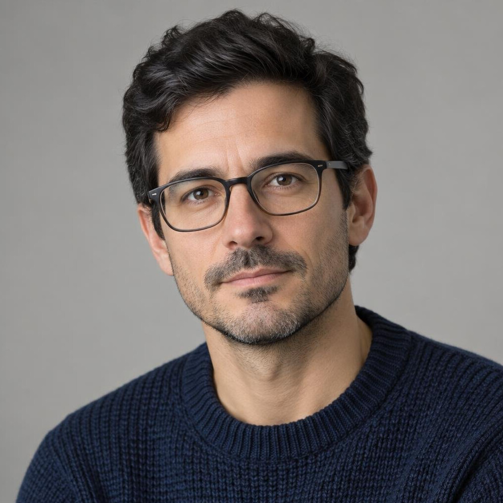 Studio portrait of a Portuguese man with glasses and stubble