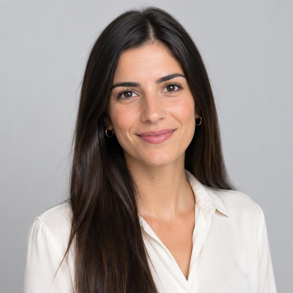 Studio portrait of a Portuguese woman with straight long hair