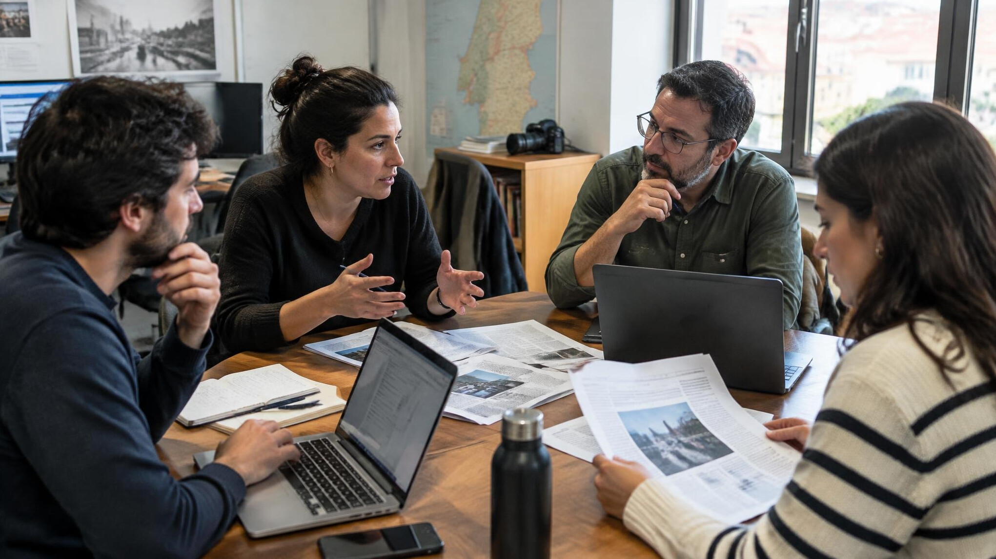 Small newsroom team discussing around a table with laptops