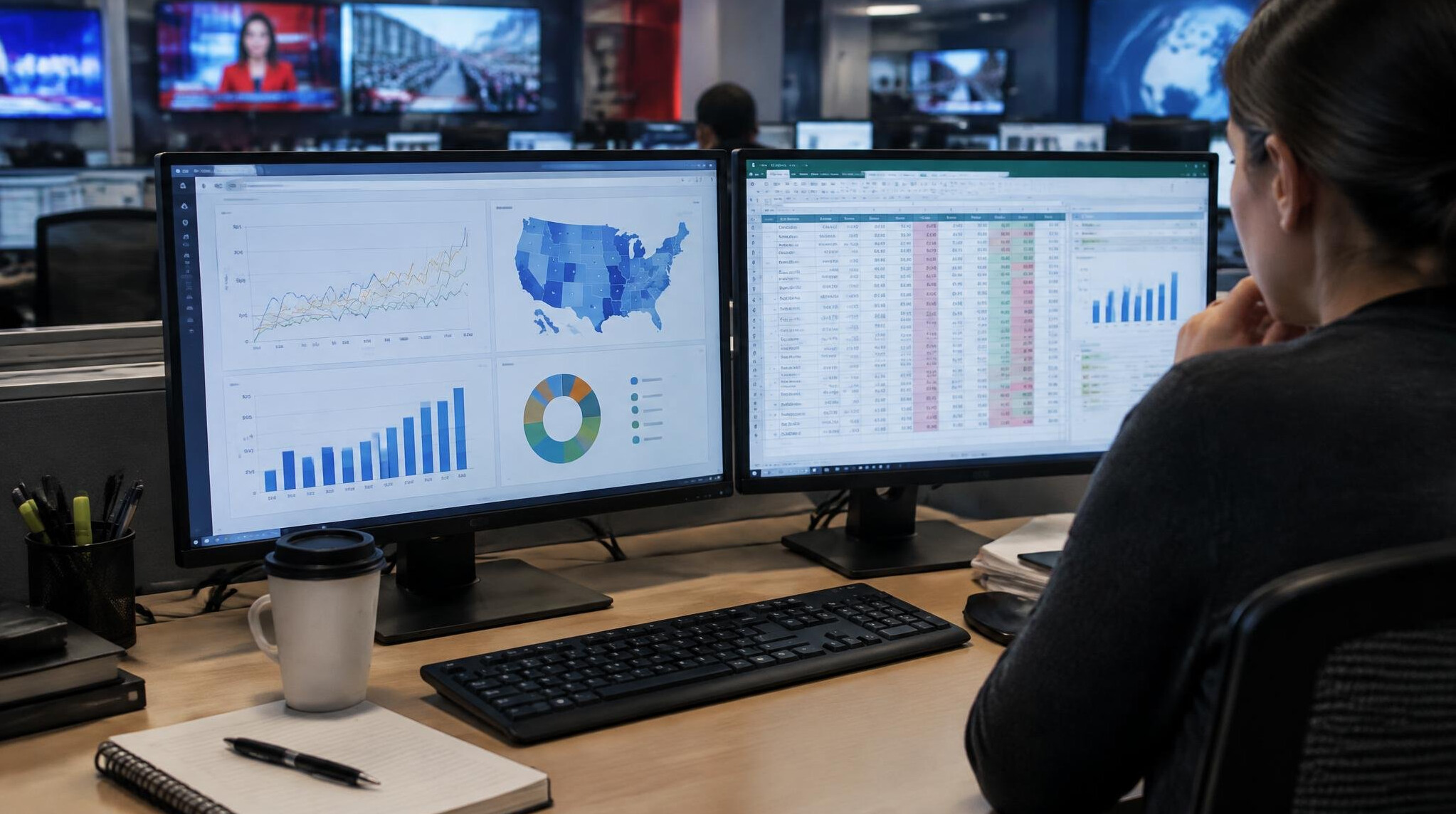 Newsroom desk with multiple monitors showing data charts