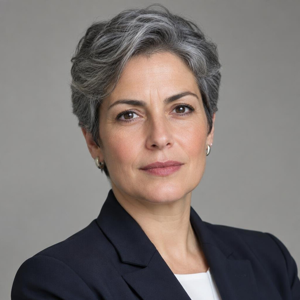 Studio portrait of a middle-aged Portuguese woman with short hair